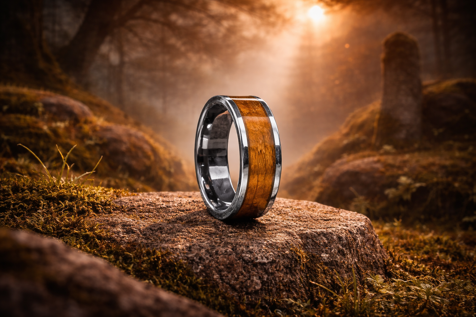 Irish oak wood wedding band with polished silver tungsten comfort fit