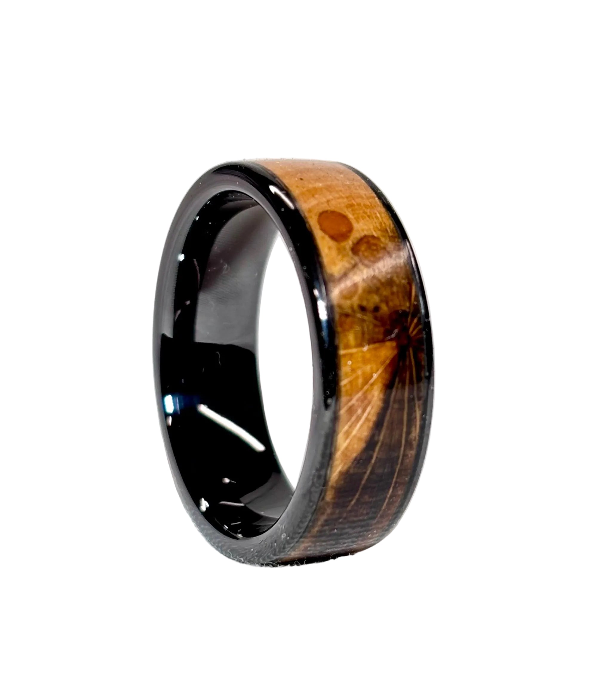 Spalted Beech Wood Ring – Black Ceramic Wood Wedding Band - Comfort Fit