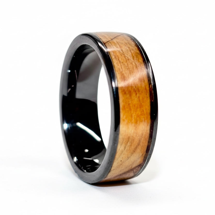 Yew Wood Ring – Black Ceramic Wood Wedding Band - 8mm, Comfort Fit