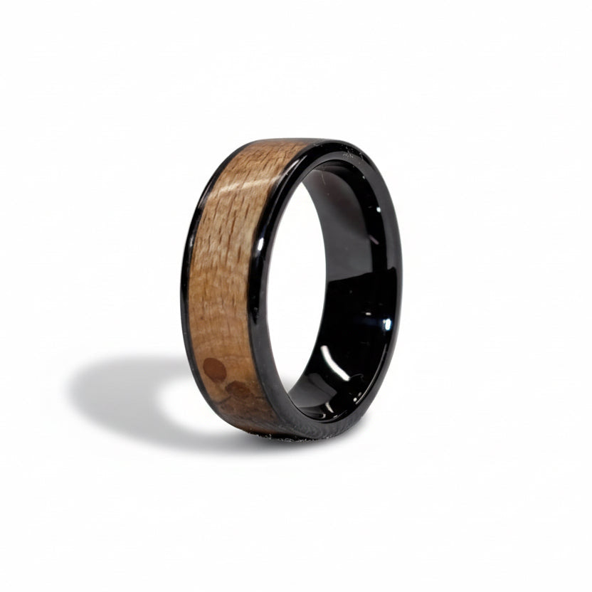 Spalted Beech Wood Ring – Black Ceramic Wood Wedding Band - Comfort Fit