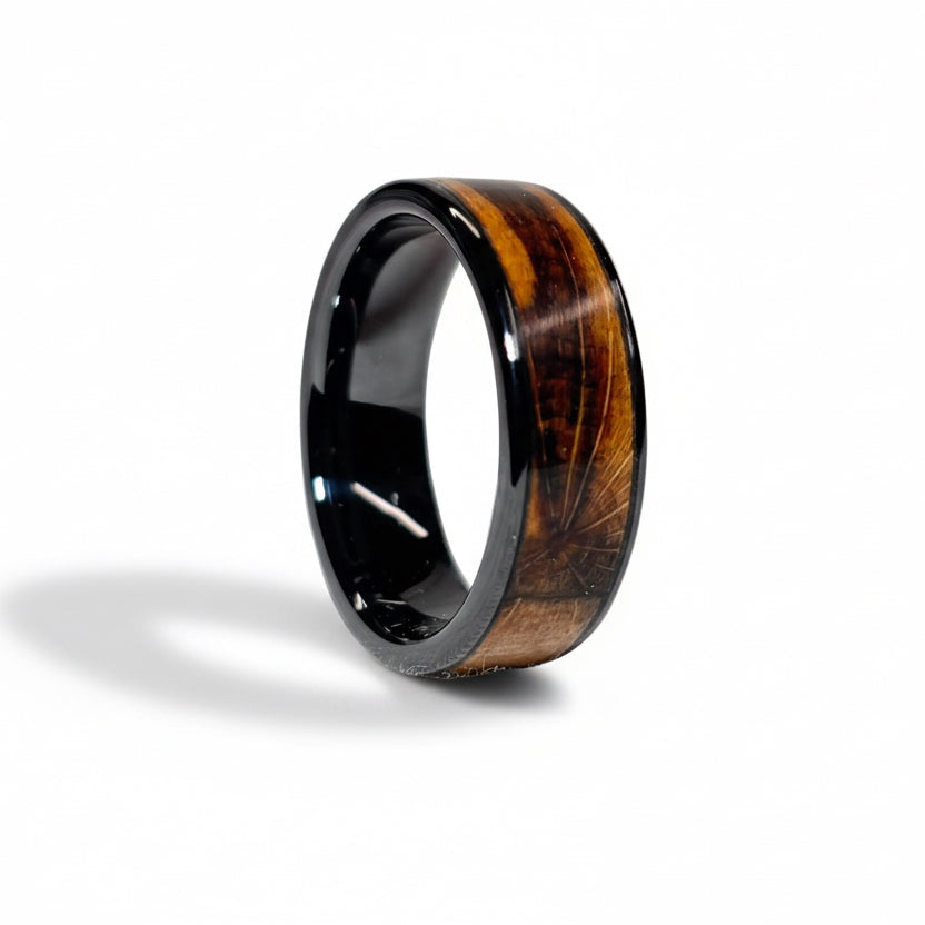 Spalted Beech Wood Ring – Black Ceramic Wood Wedding Band - Comfort Fit