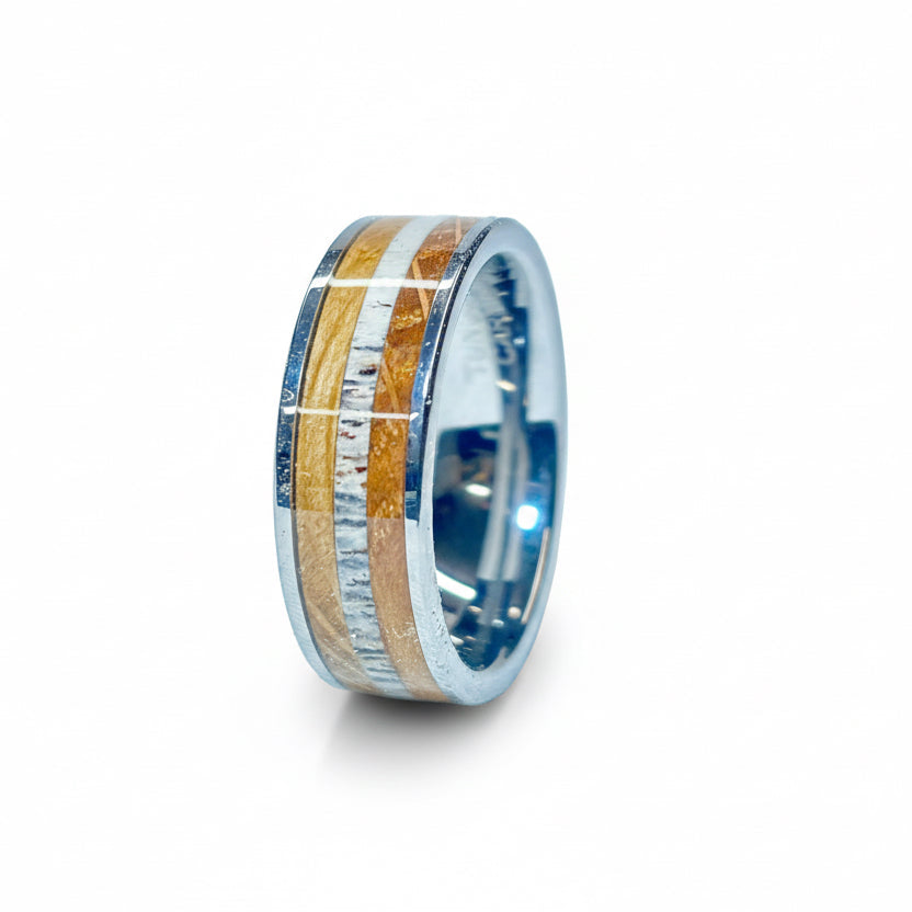 Irish Oak & Red Deer Antler Ring – Silver Tungsten Wedding Band (Comfort Fit)