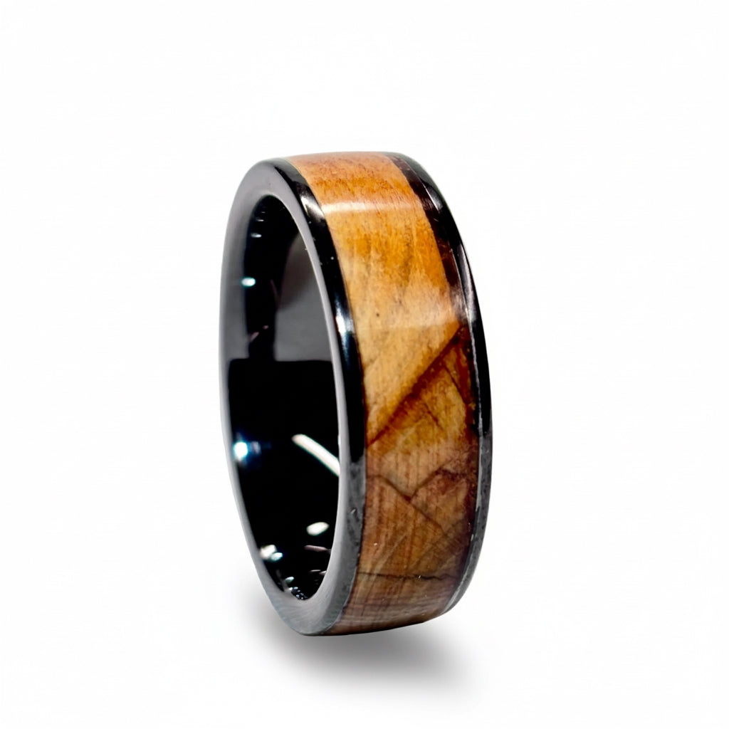 Yew Wood Ring – Black Ceramic Wood Wedding Band - 8mm, Comfort Fit