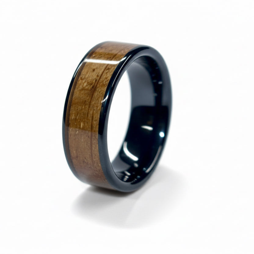 Oak Wood Ring – Black Ceramic Wood Wedding Band (Comfort Fit)