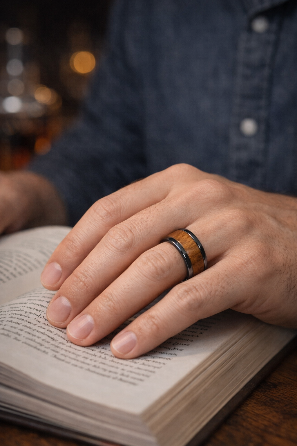 Oak Wood Ring – Black Ceramic Band (8mm, Comfort Fit)