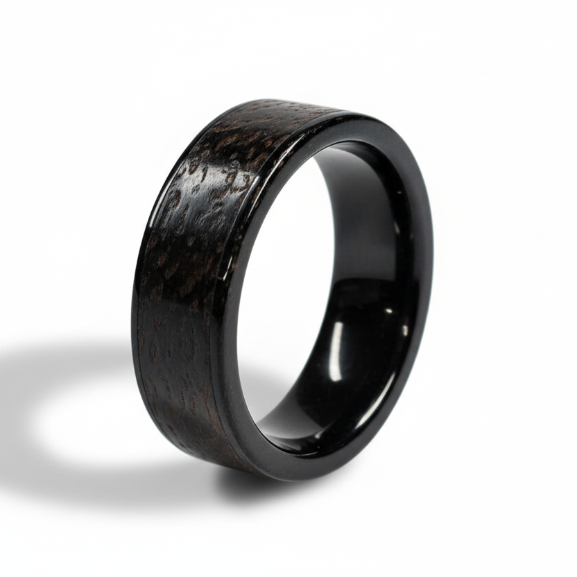 Bog Oak Wood Ring – Black Ceramic Wood Wedding Band (Comfort Fit)