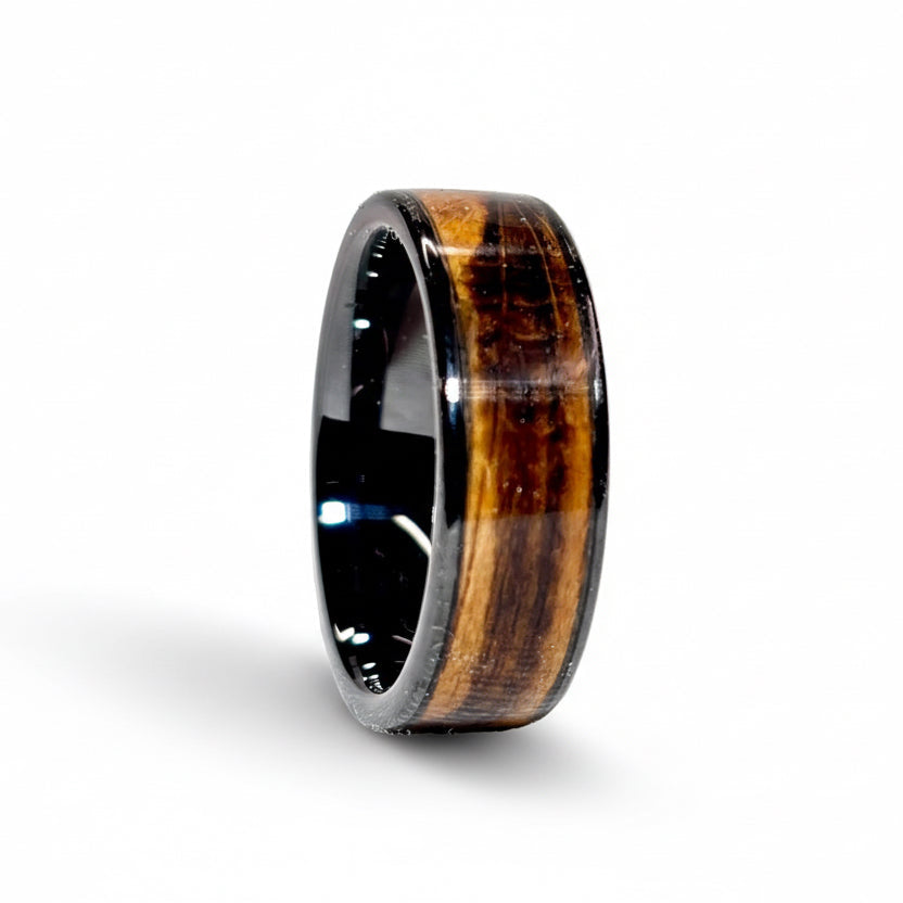 Spalted Beech Wood Ring – Black Ceramic Wood Wedding Band - Comfort Fit