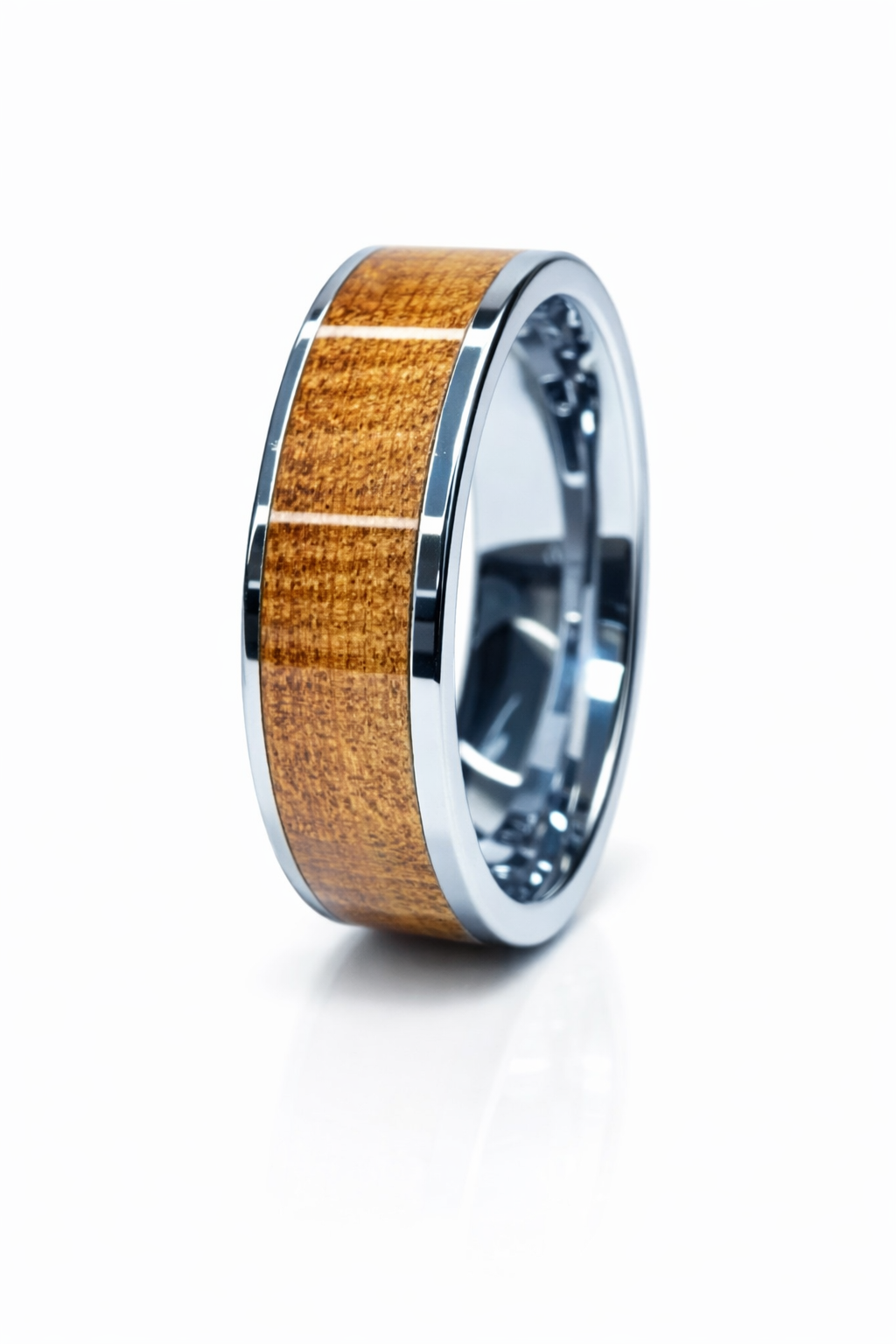 Oak Wood Ring – Silver Tungsten Band (8mm, Comfort Fit)