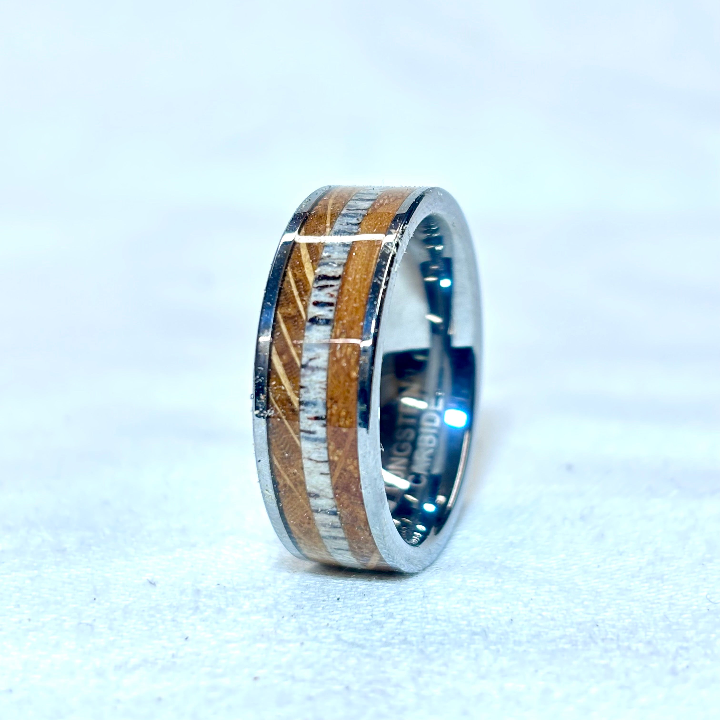 Irish Oak & Red Deer Antler Ring – Silver Tungsten Wedding Band (Comfort Fit)
