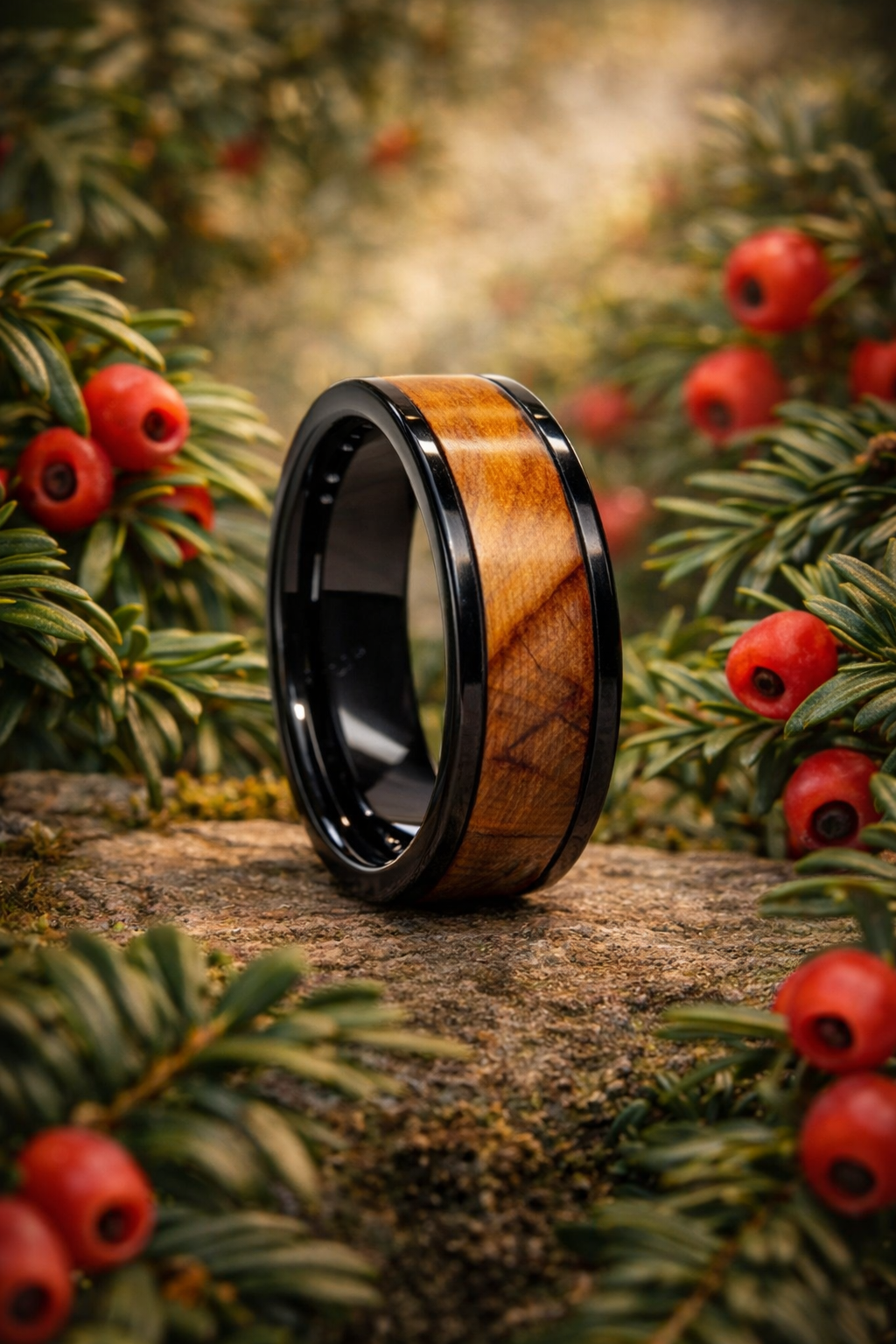 Yew Wood Ring – Black Ceramic Band (8mm, Comfort Fit)