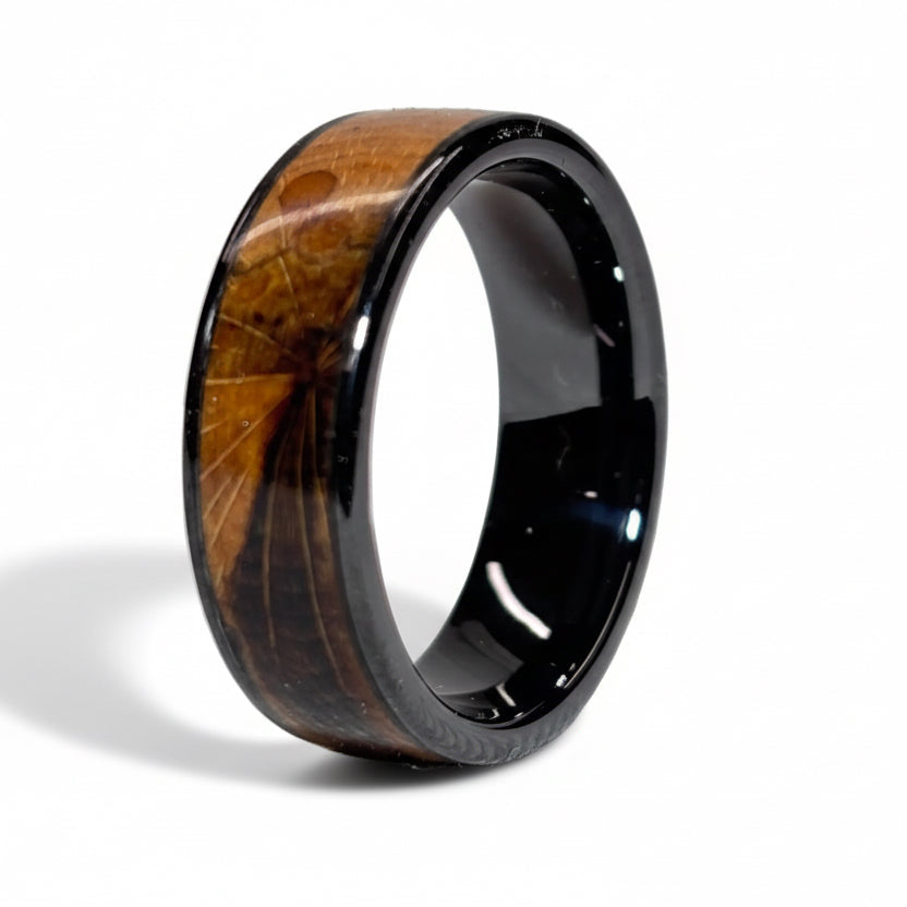 Spalted Beech Wood Ring – Black Ceramic Wood Wedding Band - Comfort Fit