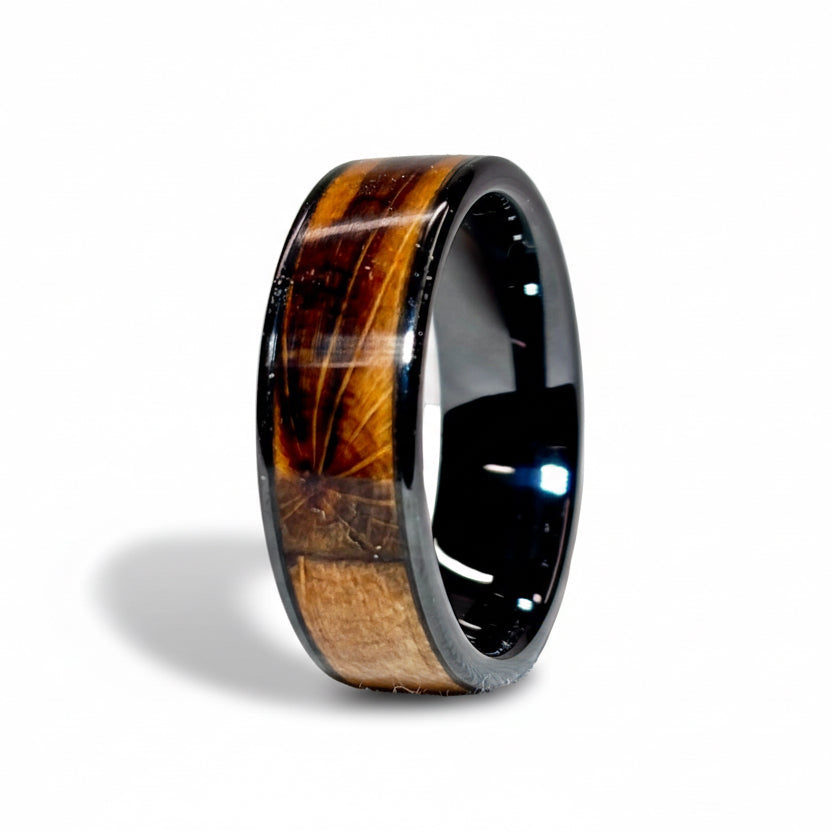 Spalted Beech Wood Ring – Black Ceramic Wood Wedding Band - Comfort Fit
