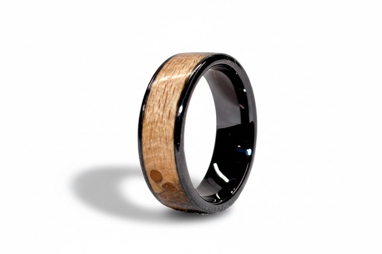Spalted Beech Wood Ring – Black Ceramic Wood Wedding Band - Comfort Fit