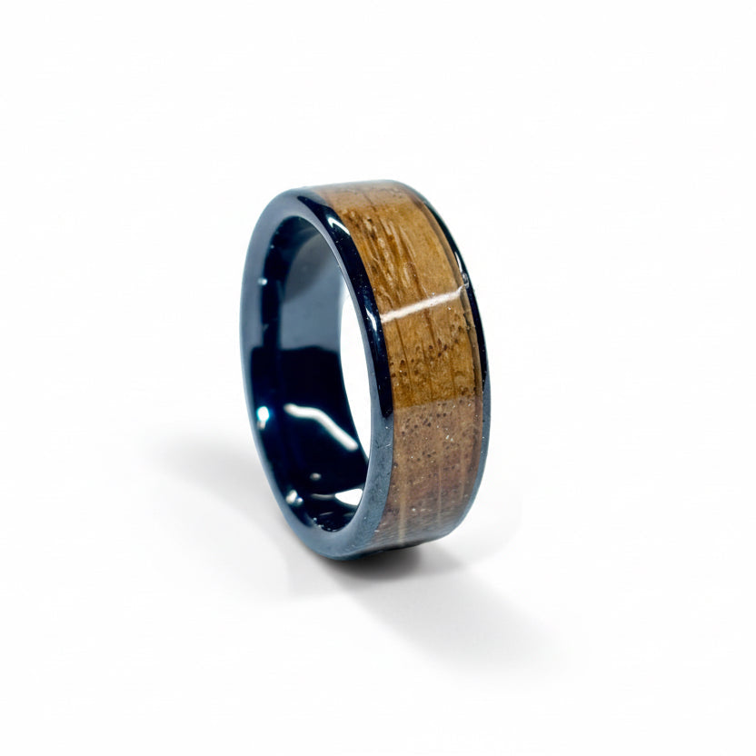 Oak Wood Ring – Black Ceramic Wood Wedding Band (Comfort Fit)