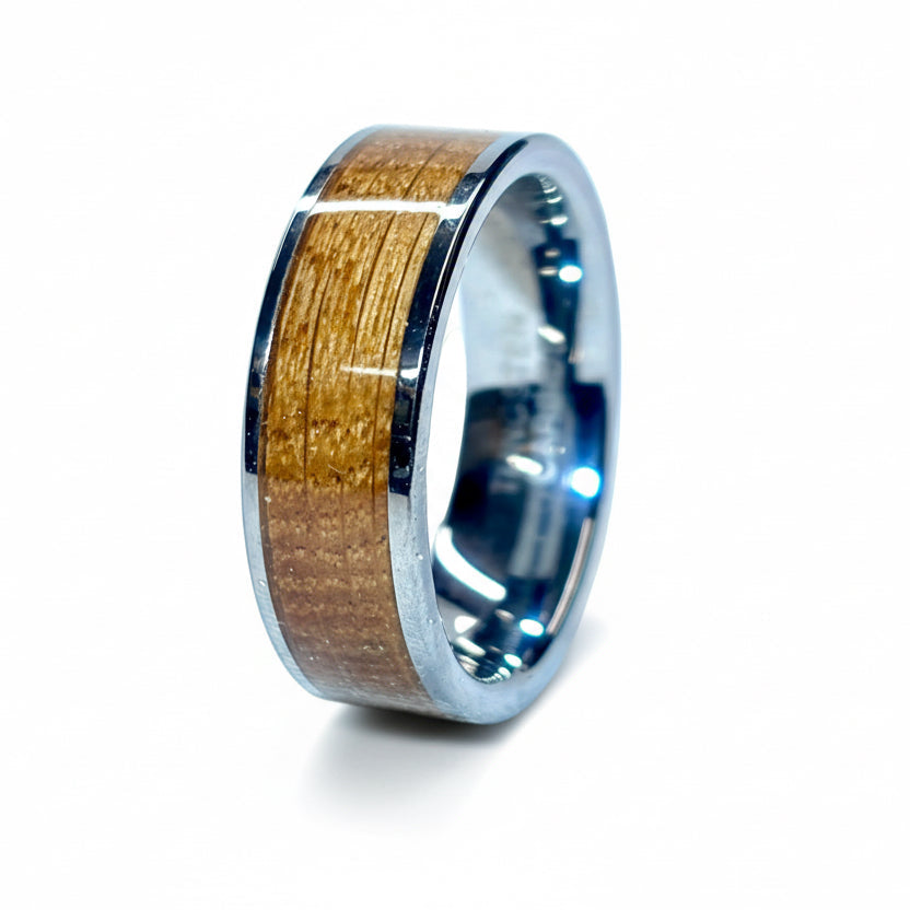 Oak Wood Ring – Silver Tungsten Wood Wedding Band - Comfort Fit
