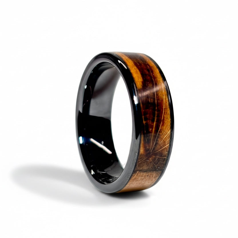 Spalted Beech Wood Ring – Black Ceramic Wood Wedding Band - Comfort Fit
