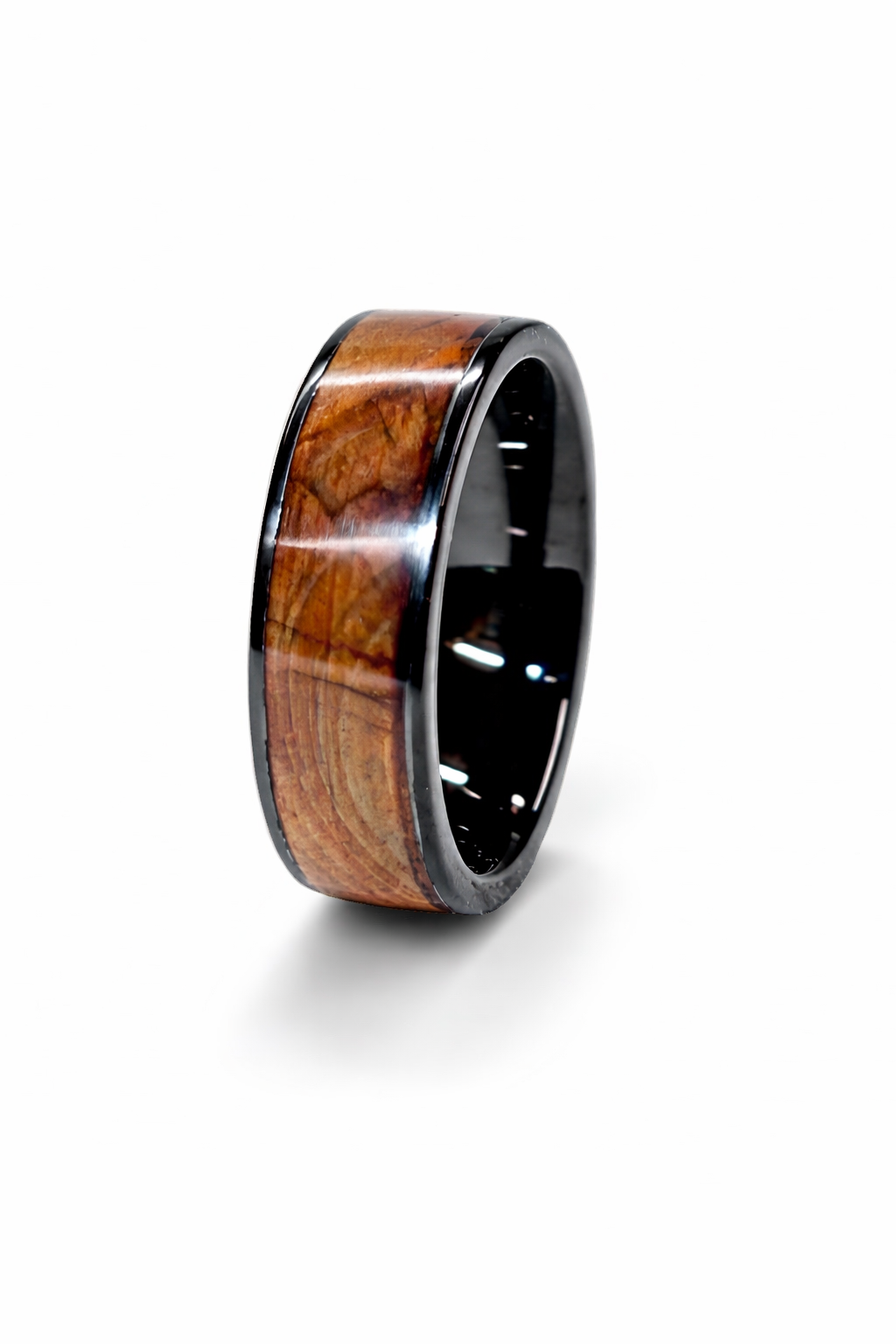 Yew Wood Ring – Black Ceramic Band (8mm, Comfort Fit)