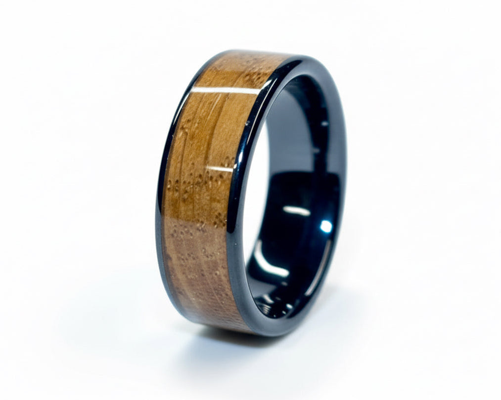 Oak Wood Ring – Black Ceramic Wood Wedding Band (Comfort Fit)
