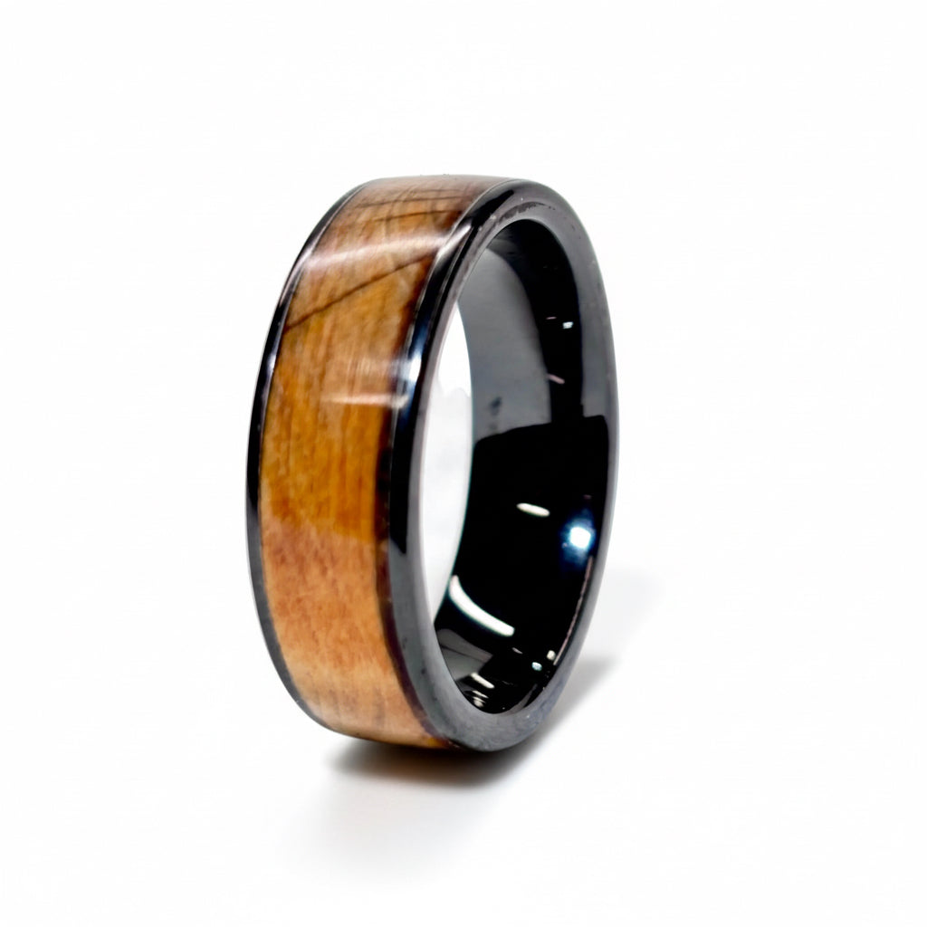 Yew Wood Ring – Black Ceramic Wood Wedding Band - 8mm, Comfort Fit