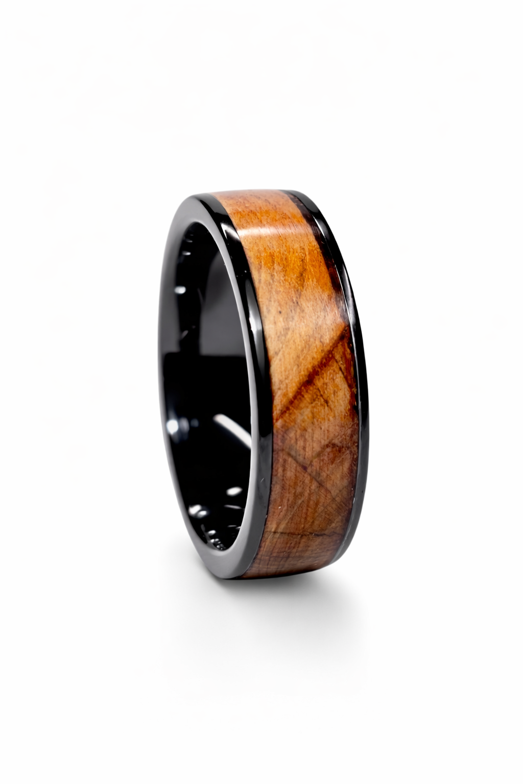 Yew Wood Ring – Black Ceramic Band (8mm, Comfort Fit)