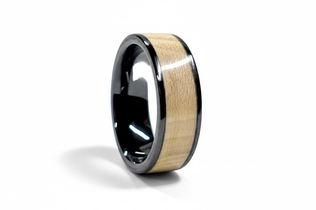 Holly wood ring - black ceramic wood wedding band - comfort fit