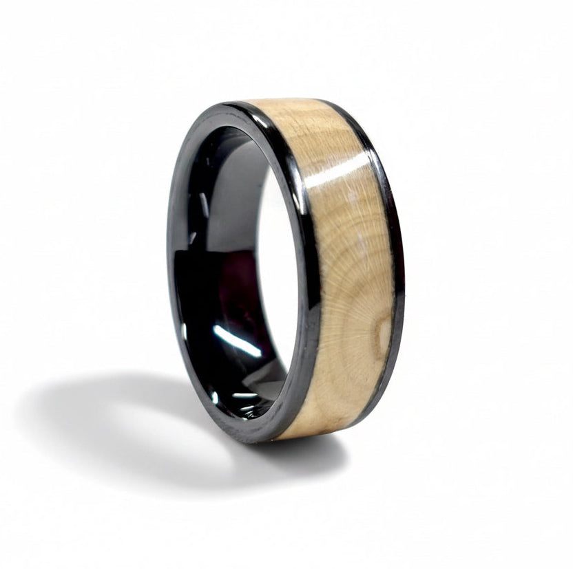 Holly wood ring - black ceramic wood wedding band - comfort fit