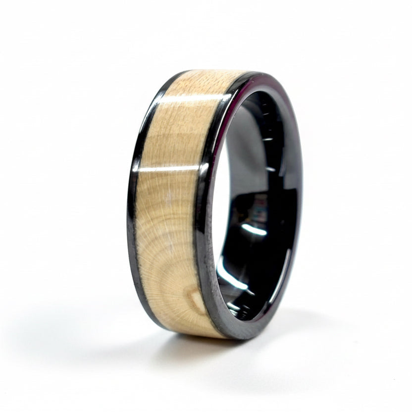 Holly wood ring - black ceramic wood wedding band - comfort fit