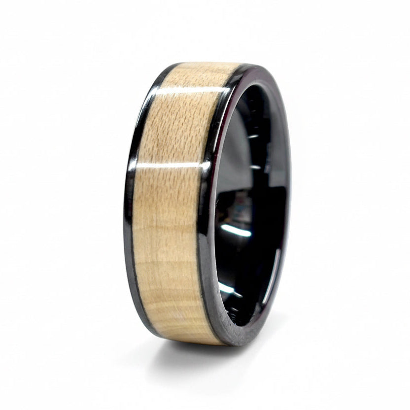 Holly wood ring - black ceramic wood wedding band - comfort fit