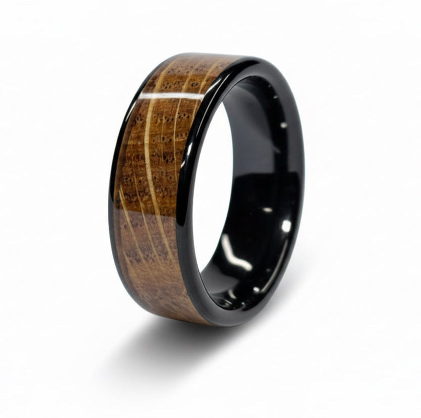 Oak Wood Ring – Black Ceramic Wood Wedding Band (Comfort Fit)
