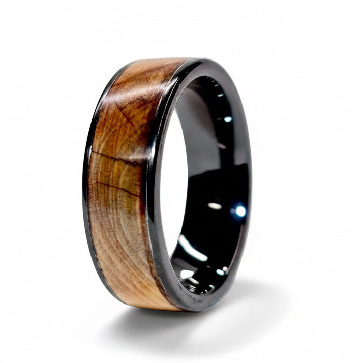Yew Wood Ring – Black Ceramic Wood Wedding Band - 8mm, Comfort Fit