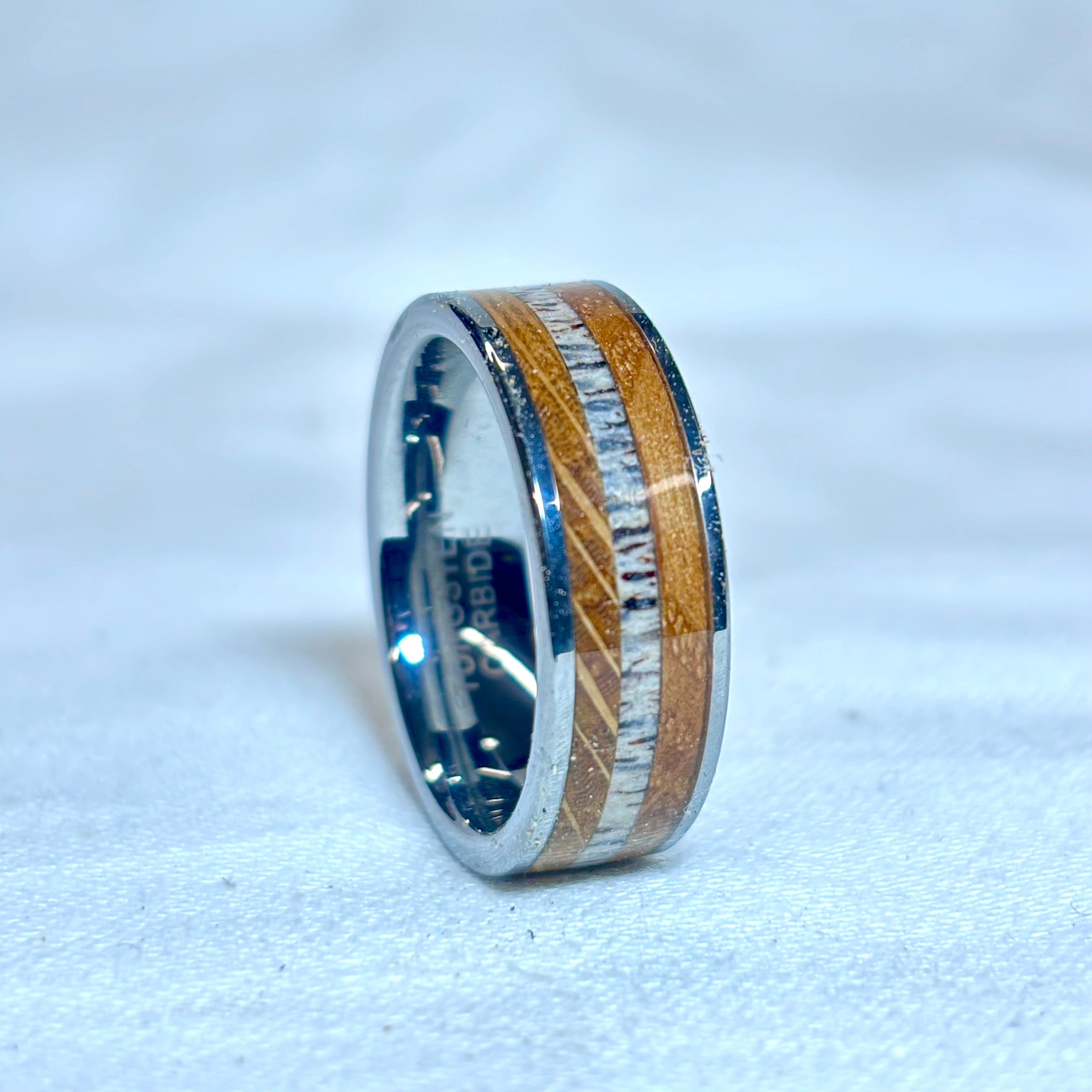 Irish Oak & Red Deer Antler Ring – Silver Tungsten Wedding Band (Comfort Fit)
