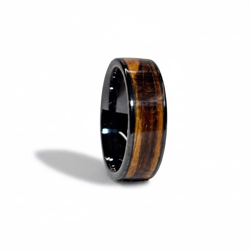 Spalted Beech Wood Ring – Black Ceramic Wood Wedding Band - Comfort Fit