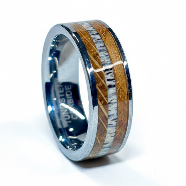 Irish Oak & Red Deer Antler Ring – Silver Tungsten Wedding Band (Comfort Fit)