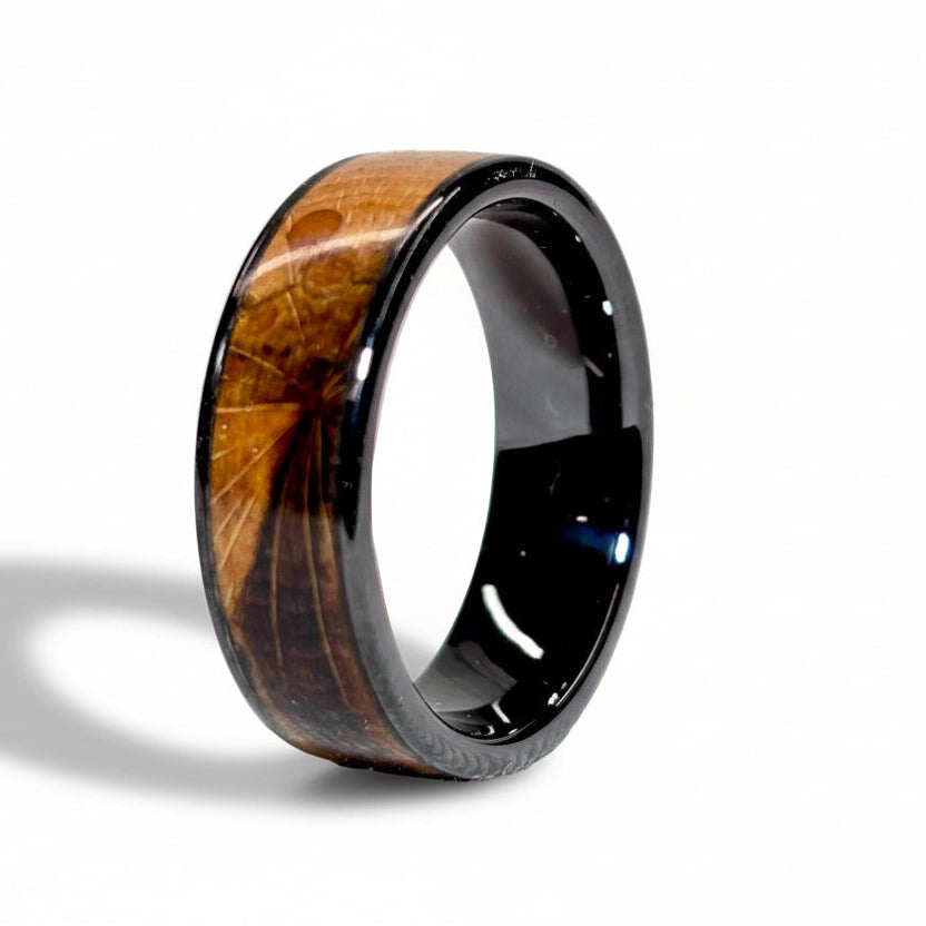 Spalted Beech Wood Ring – Black Ceramic Wood Wedding Band - Comfort Fit