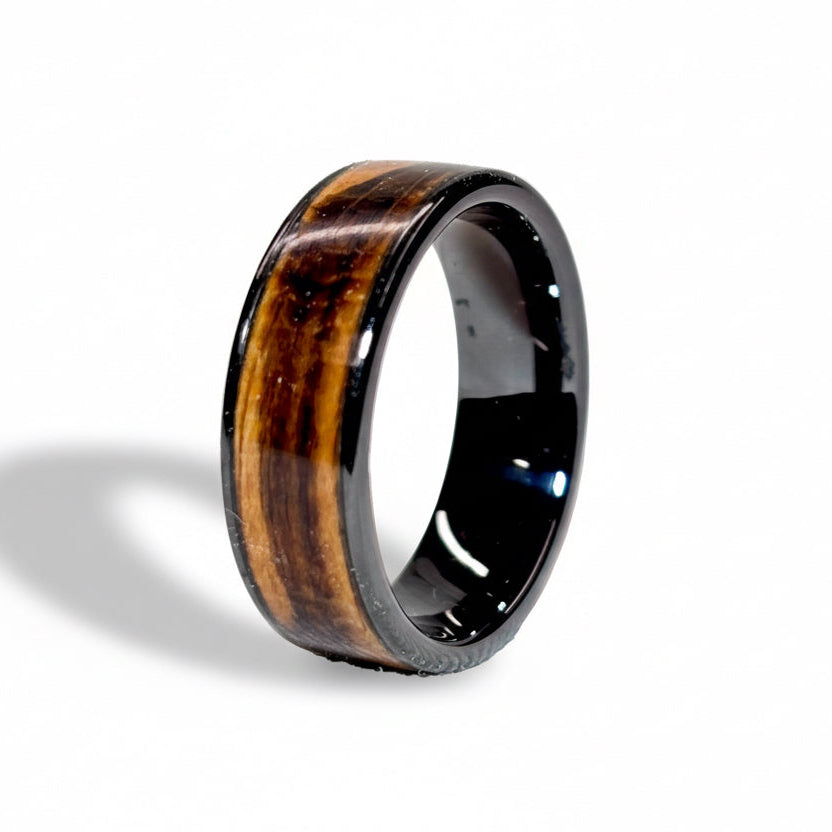 Spalted Beech Wood Ring – Black Ceramic Wood Wedding Band - Comfort Fit