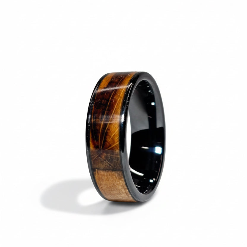 Spalted Beech Wood Ring – Black Ceramic Wood Wedding Band - Comfort Fit