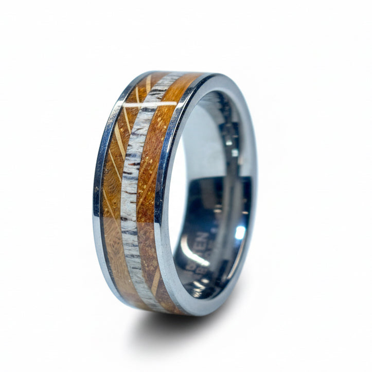 Irish Oak & Red Deer Antler Ring – Silver Tungsten Wedding Band (Comfort Fit)