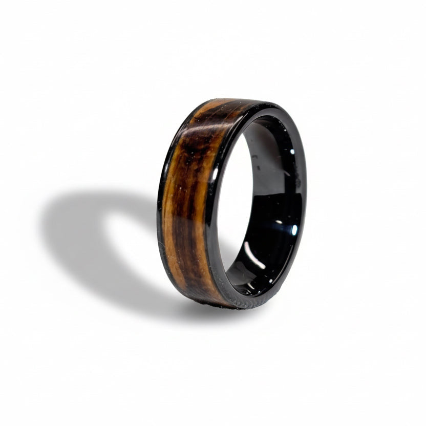 Spalted Beech Wood Ring – Black Ceramic Wood Wedding Band - Comfort Fit