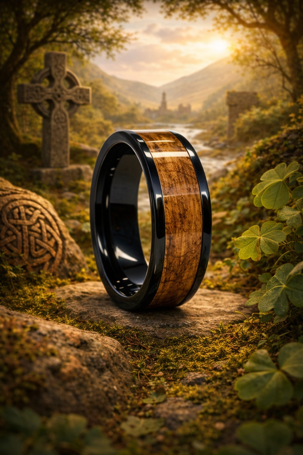 Oak Wood Ring – Black Ceramic Band (8mm, Comfort Fit)