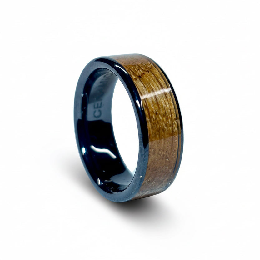 Oak Wood Ring – Black Ceramic Wood Wedding Band (Comfort Fit)