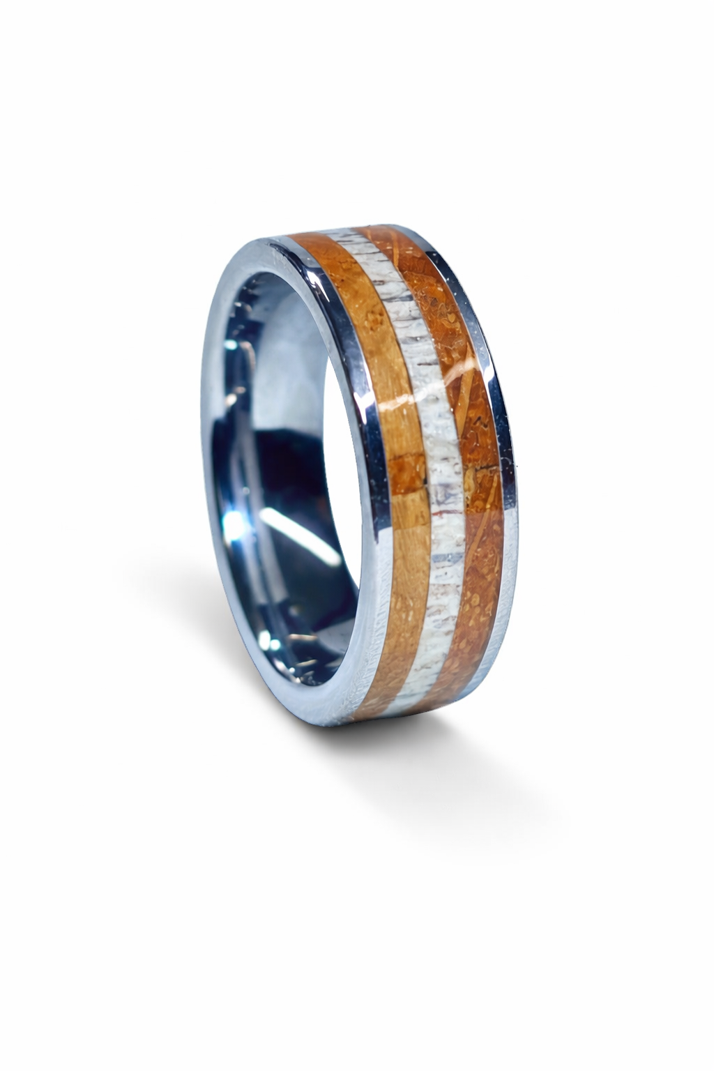 Irish Oak & Red Deer Antler Ring – Silver Tungsten Band (8mm, Comfort Fit)
