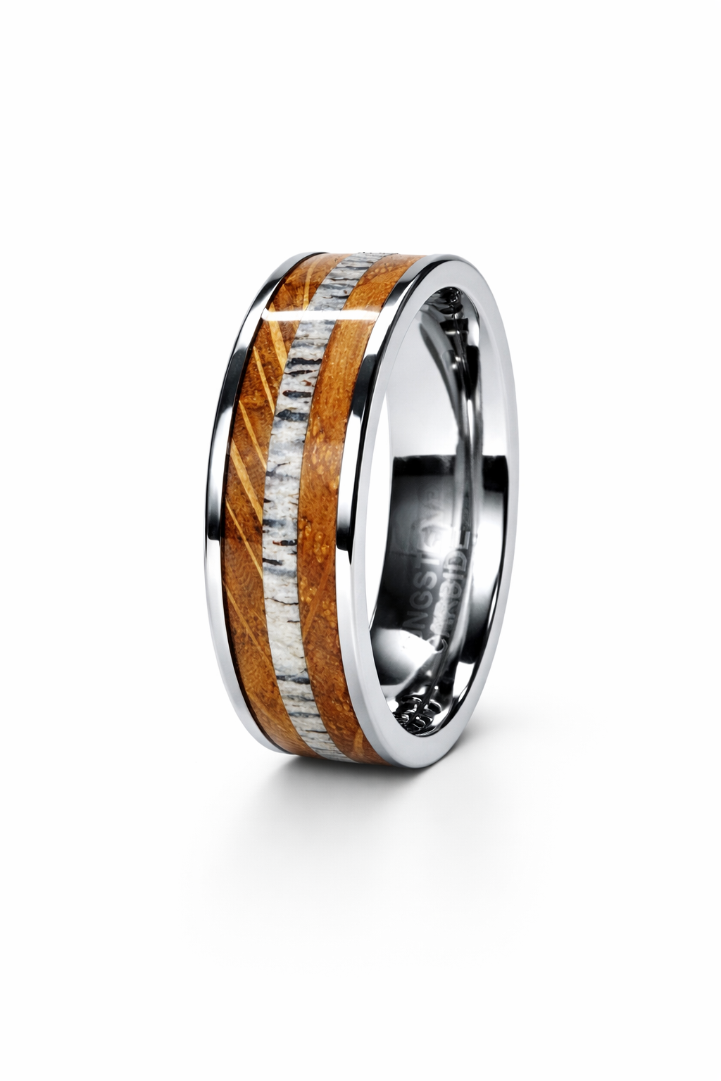 Irish Oak & Red Deer Antler Ring – Silver Tungsten Band (8mm, Comfort Fit)