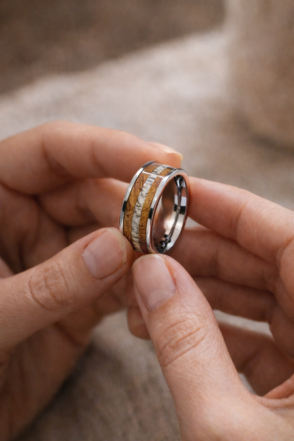 Irish Oak & Red Deer Antler Ring – Silver Tungsten Band (8mm, Comfort Fit)