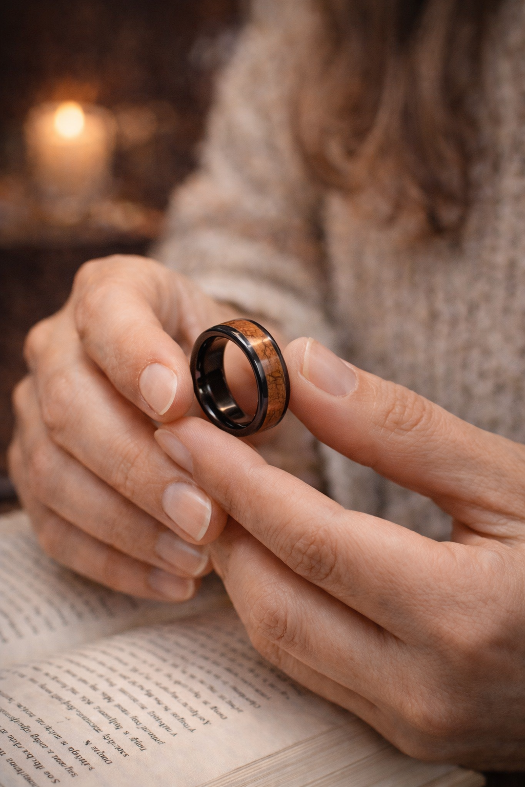 Yew Wood Ring – Black Ceramic Band (8mm, Comfort Fit)