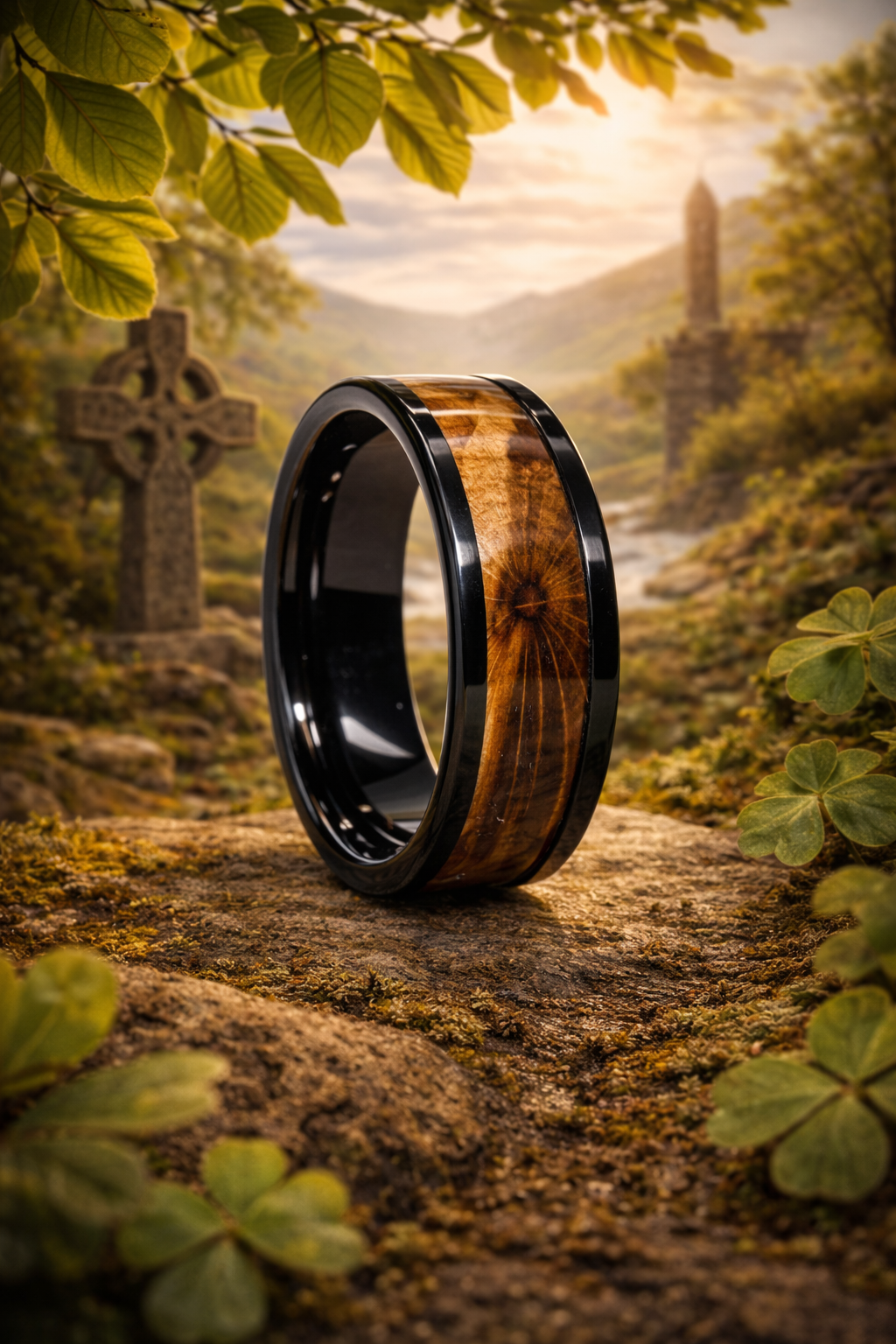 Spalted Beech Wood Ring – Black Ceramic Band (8mm, Comfort Fit)
