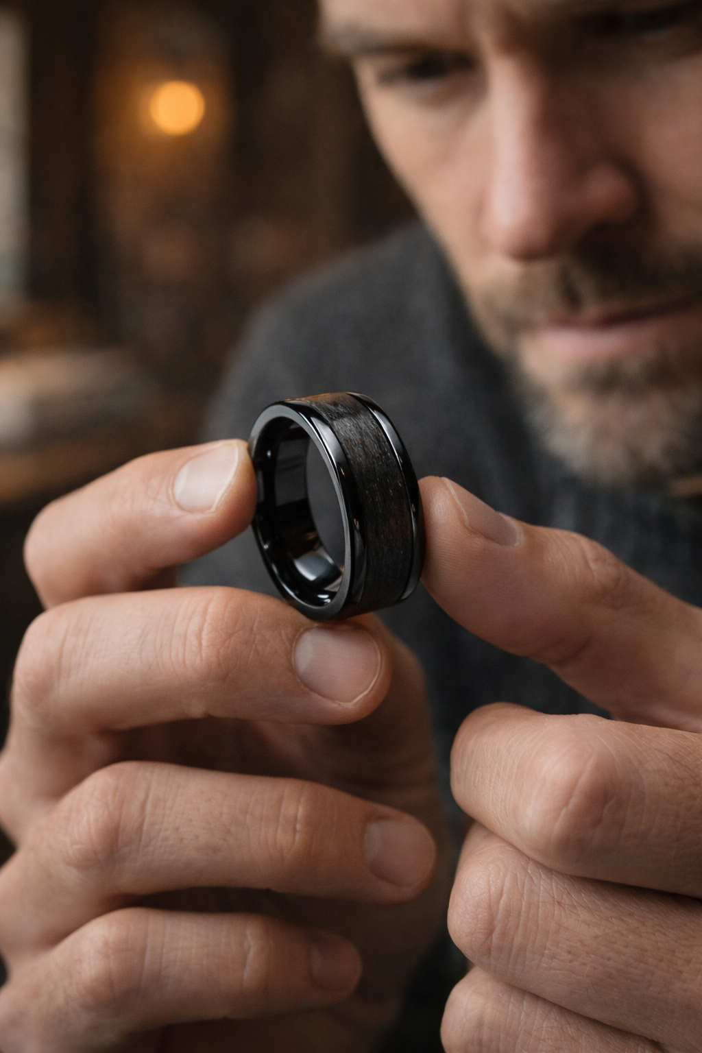 Bog Oak Wood Ring – Black Ceramic Wood Wedding Band (Comfort Fit)