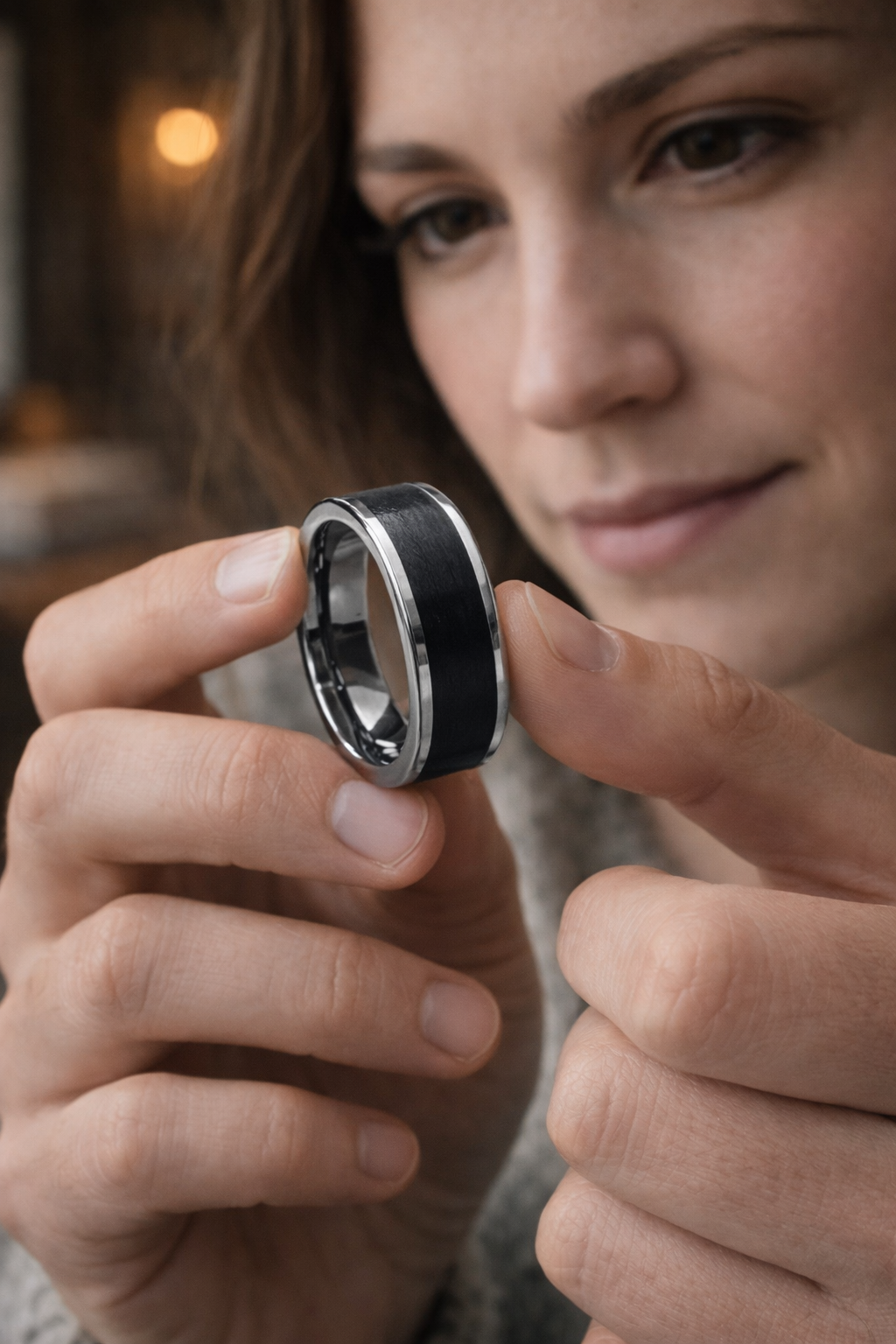 Bog Oak Wood Ring – Silver Tungsten Band (8mm, Comfort Fit)