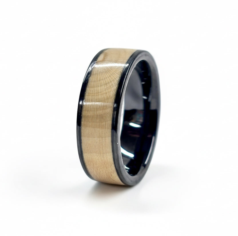 Holly wood ring - black ceramic wood wedding band - comfort fit