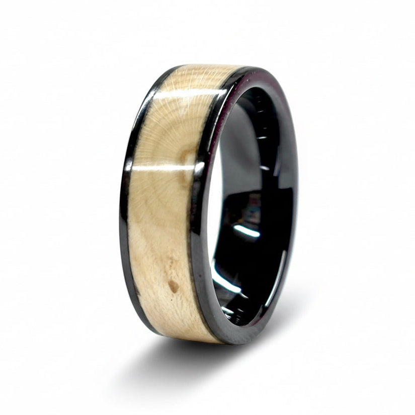 Holly wood ring - black ceramic wood wedding band - comfort fit