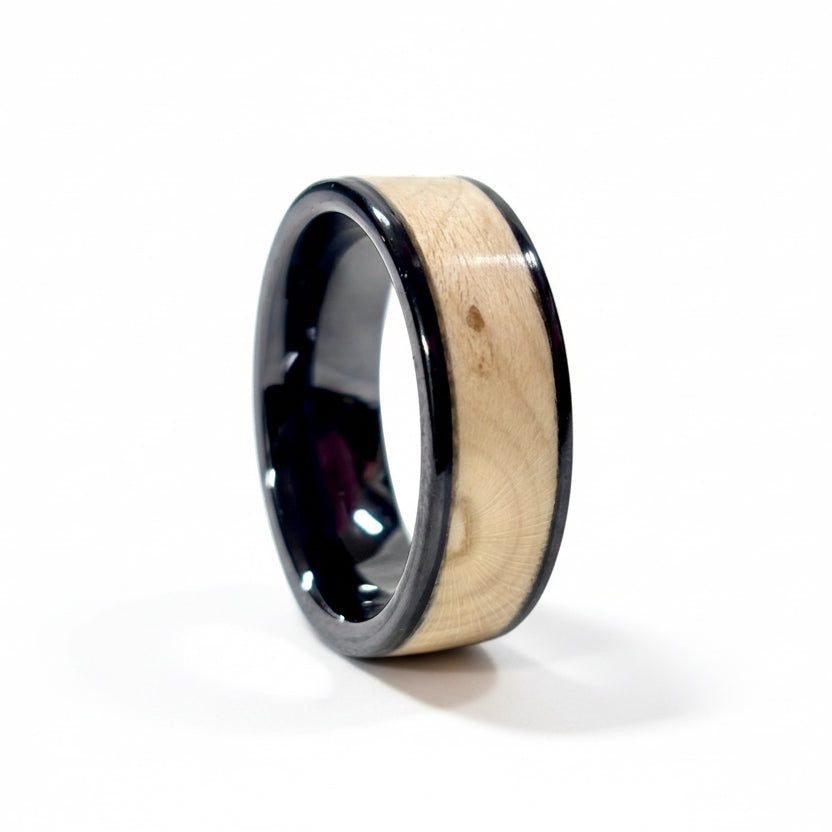 Holly wood ring - black ceramic wood wedding band - comfort fit